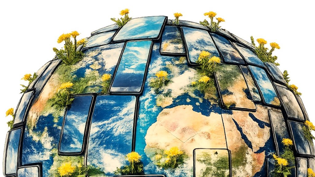 Halbe Erdkugel mit Tablets und Löwenzahn